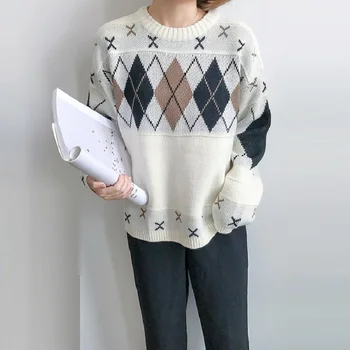 

Harajuku Plus Size Casual Women Sweater New 2018 Autumn Fashion Argyle Print Cute Pullovers Sweaters Winter Female Outerwear