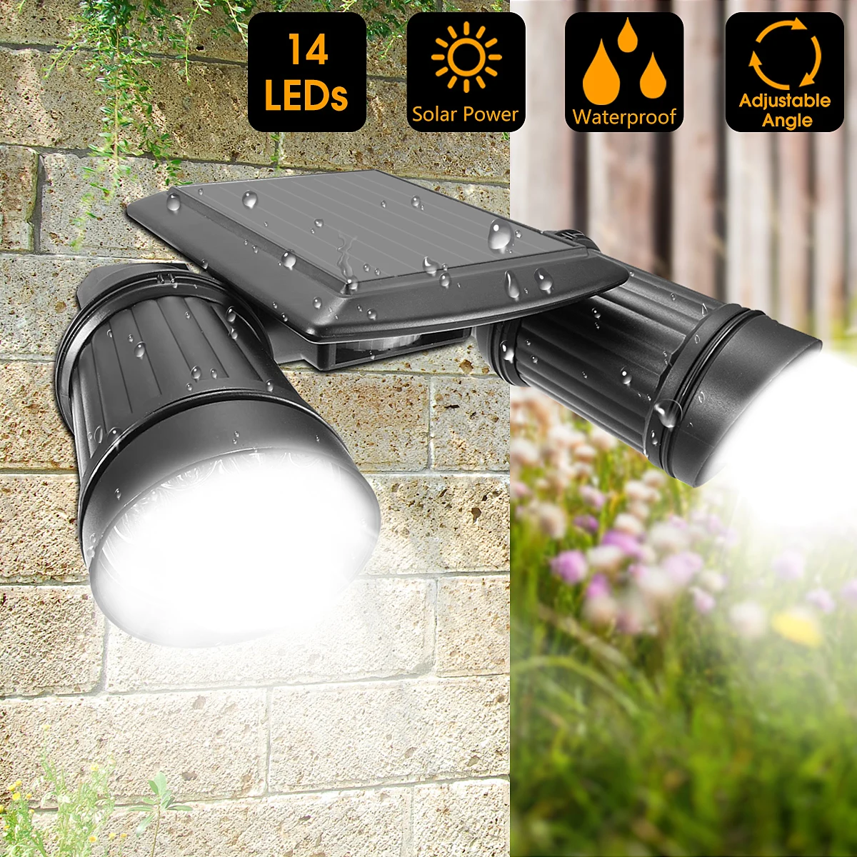 

SCODE 14 LEDS Solar Lights PIR Motion Sensor - Dual Head Adjustable Spotlight - Waterproof Wall Light for Porch Patio Garden