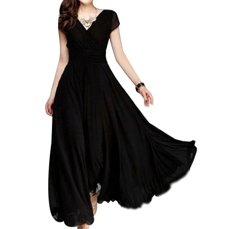 

2019 Womens dress Long Chiffon Formal Party Bridesmaid pleated ruched design pure color a-line long elegant big swing Dresses