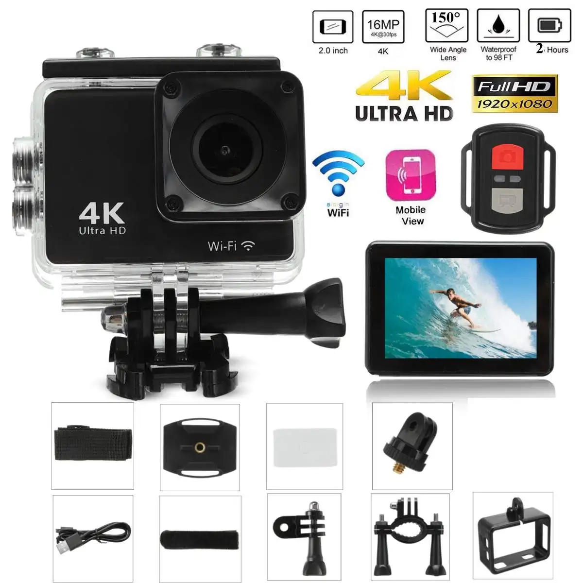 

4K 2.0 Inch HD WiFi Action Video Recording Camera with Waterproof Case and Battery