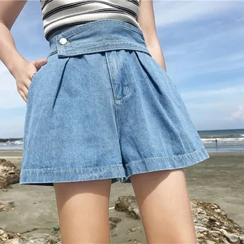

Fashion Spring Summer Blue Casual Wide Leg Pants Female High Waist Button Loose Denim Shorts