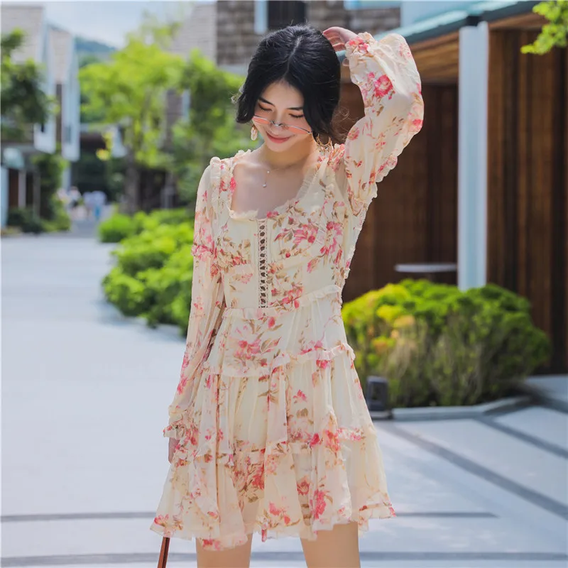

Summer Sexy Beach Holiday Floral Print Women Chiffon Mini Dress 2019 Runway Lantern Sleeve Tunic Ladies Short Dresses Clothes