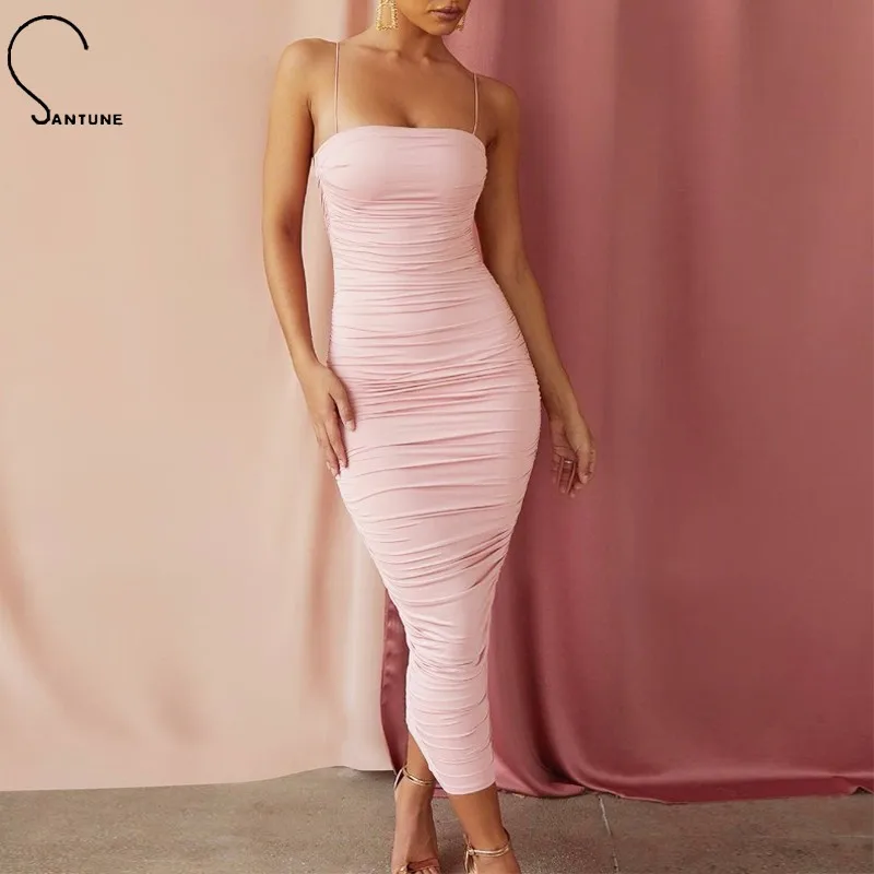 

Santune Draped Pleat Sexy Spaghetti Strap Bodycon Dress Women Solid Sleeveless Summer Dress Basic Party Night Long Dress Vintage