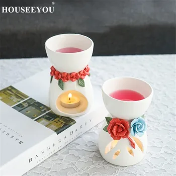 

Romantic Ceramic Flower Aroma Burner Heater Essential Oil Lamp Wedding Decor Aromatherapy Candle Holder Censer Fragrance Furnace