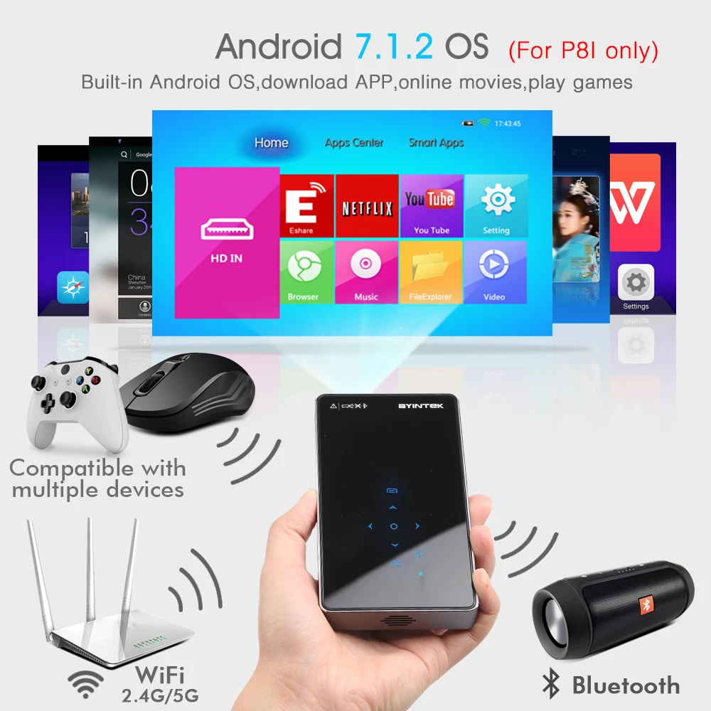 BYINTEK OVNI P8I Android 7,1 OS Pico bolsillo HD portátil láser Micro WIFI Bluetooth Mini LED, proyector DLP con batería - 3