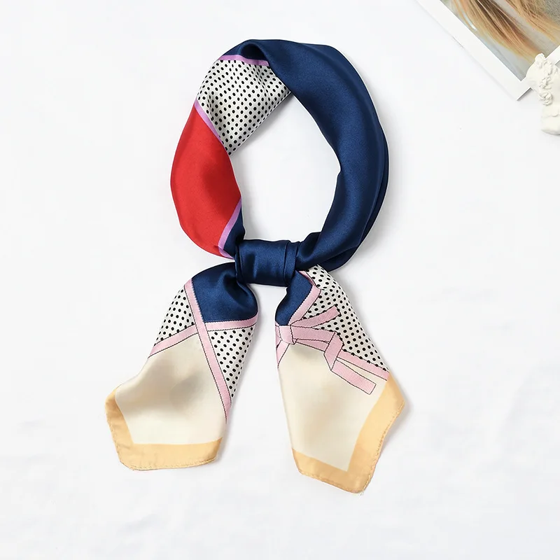 70*70Cm Patchwork Dot Square Silk Feel Satin Scarf Spain Luxury Brand Women Head Skinny Hair Tie Band Small Kerchief Wrap Snood