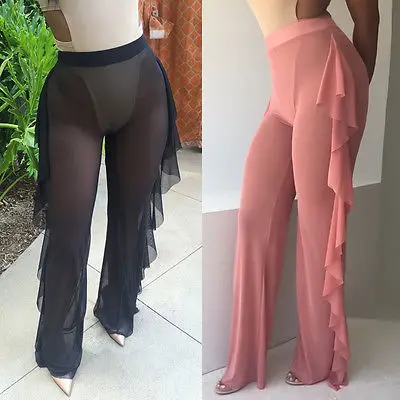 

2019 Sexy Women Loose Stretch High Waist Solid Wide Leg Long Pants Cotton Palazzo Trousers Look Through Mesh Summer Flare Pant
