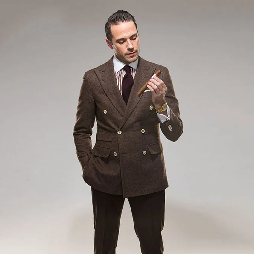 

2019 Brown Tweed Men Suit Double Breasted Tweed Jacket Men Blazer Formal Wedding Suit For Men 2 Piece Classic Men's Suit Ternos