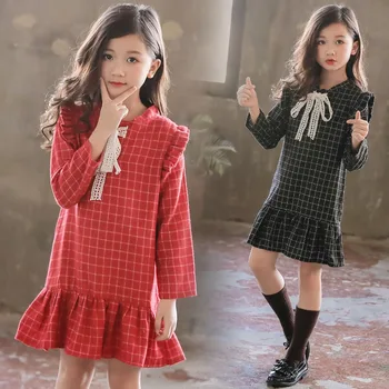 

Girl 2019 Spring New Pattern Korean V Lead Lattice Dress Lotus Leaf Long Sleeve Princess Dresses