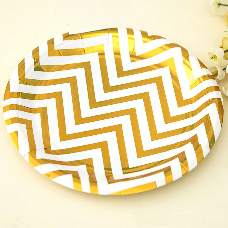 

1Set Disposable Tableware Set Gold Silver stripe printed Plates Cups napkin BBQ Birthday Party Baby Days Wedding decoration