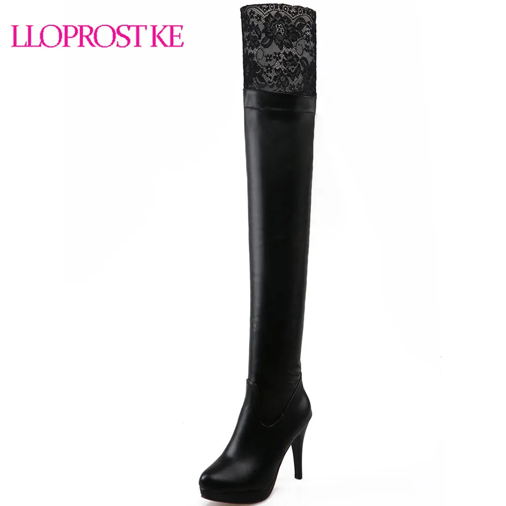 

Lloprost ke New Women PU Sexy Fashion Over The Knee Boots Thin High Heel Boots Platform Woman Shoes Lace Big Size 34-43 D746