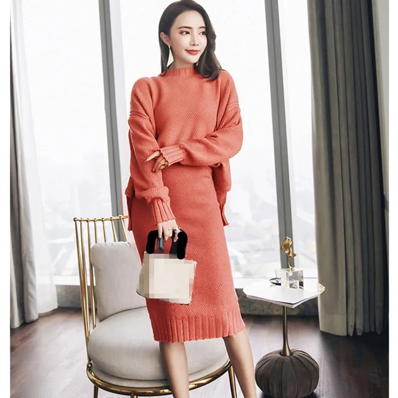 

3 Colors Winter Knitted Sweater Skirt Set Warm Two Piece Tracksuit Women Cashmere Suit Casual Knitted Suit