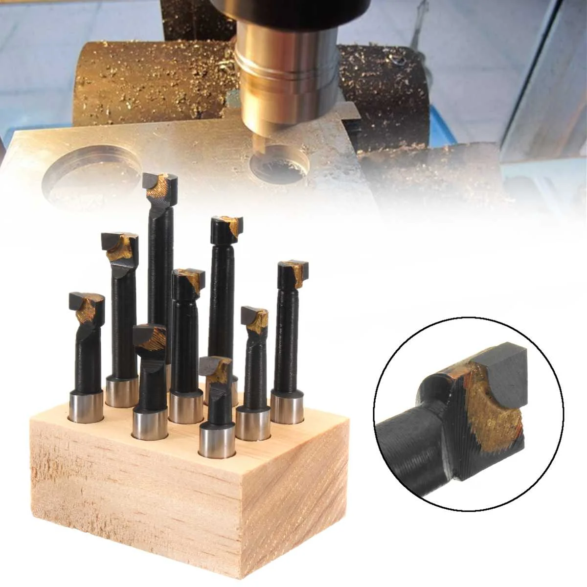 

9Pcs 3/8" Shank Boring Bar Set Carbide Tipped Metal Turning Cutting Facing Tool for Boring Machines Lathes Carbide+Wooden Base