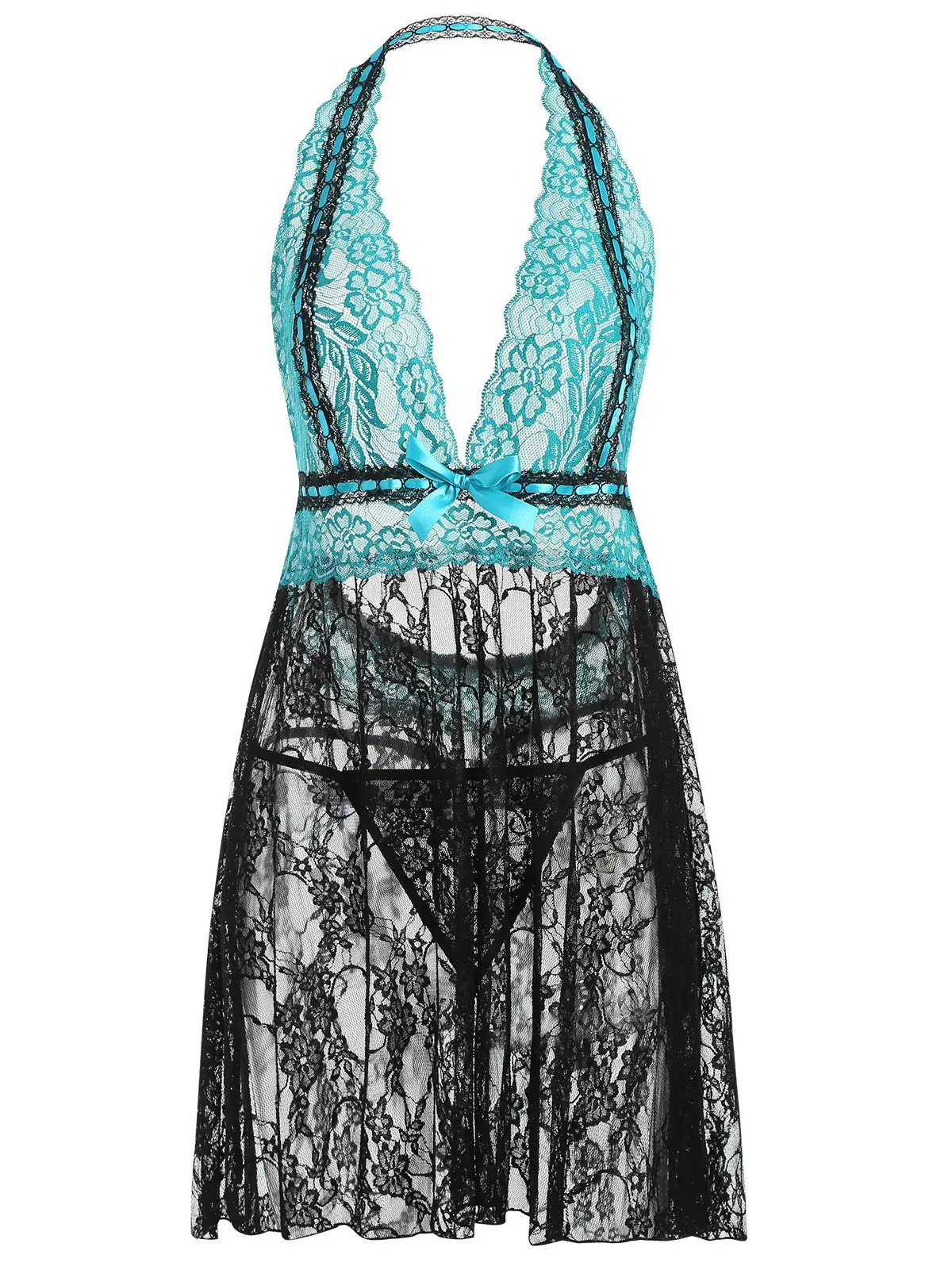 

Sovalro Plus Size Color Block Lace Rompers Wire Free Halter Backless Patchwork Deep V-Neck 2019 Bodysuits For Women Overalls