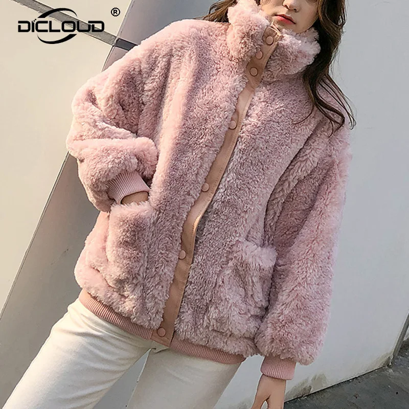 Coat Vestes Poche Rose Pink Hiver Style Manteaux Manteau yellow Fausse Lamb Coat Rue Femmes Survêtement Chaud Peluche Pardessus Chic Filles Corée Fur De Mode Agneau En Fourrure 8SnCOq
