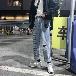 2019 г. весна-лето новая тенденция объявление пара Корейская версия Harajuku Повседневное Для мужчин печати джинсовые брюки с дырками хип-хоп