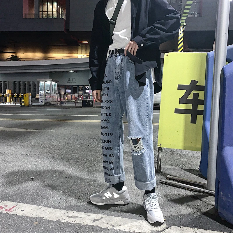 

2019 Spring And Summer The New Listing Trend Couple Korean Version Of Harajuku Casual Men's Print Hole Denim Trousers Hip Hop