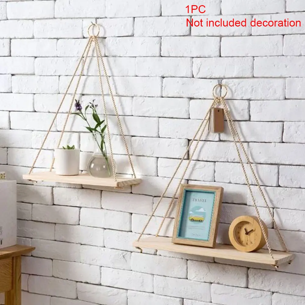 

new high quality DIY Ornaments Decoration Wood Basket Flower Pot Shelf Wall Hanging Storage Rack Rope
