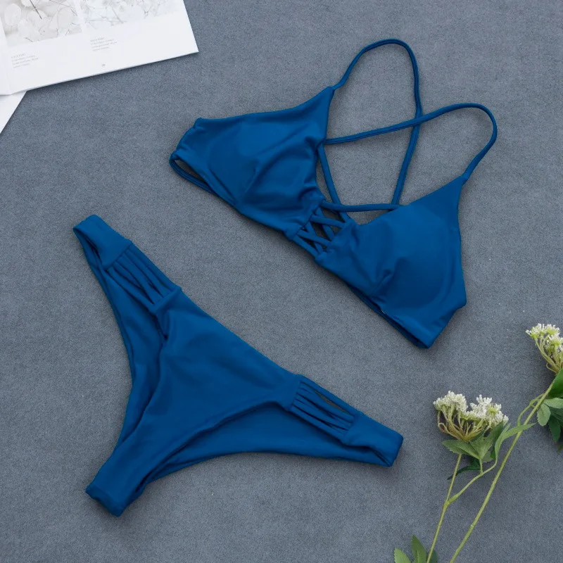 

2019 Push Up Padded Bra Beach Bikini Set Swimsuit Women Swimwear Summer Blue Brazilian Bikini Woman Print Swimsuit Wholesale