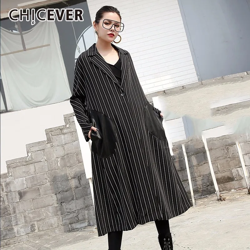 

CHICEVER Autumn Trench Coat For Women's Windbreaker Loose Oversize Black Long Striped Woman Coat Female 2019 Fashion Tide New