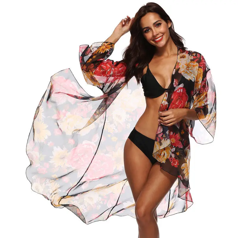 

Women Boho Summer Dress Floral Beach Cover Up Elegant Chiffon Transparent Playa Kaftan cardigan Ladies Bikini Cover Up Beachwear
