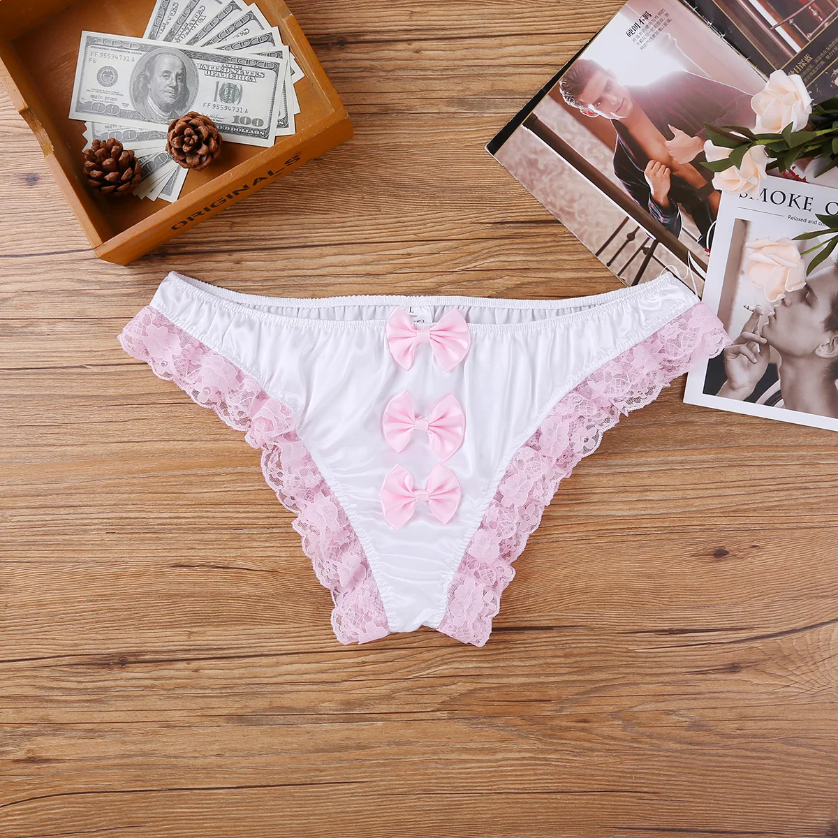 

Floral Lace Bows Sissy Underwear Sexy Shiny Thongs Men Stretchy Briefs Male Bikini G-strings Funny Panties Thong Man Lingerie