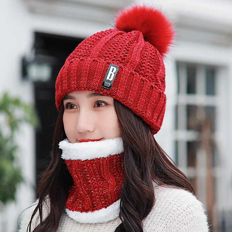 Girl Warm Ski New Brand Big Fur Pom Poms Ball Knitted Hats Scarf Hat Set  Winter Women Beanie Hat Thick Skullies Female Cap