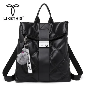 

LIKETHIS New Backpack Women Travel Bag Leather School Rucksack Metal Button Solid Large Capacity Zaino Mochila Escolar Feminina