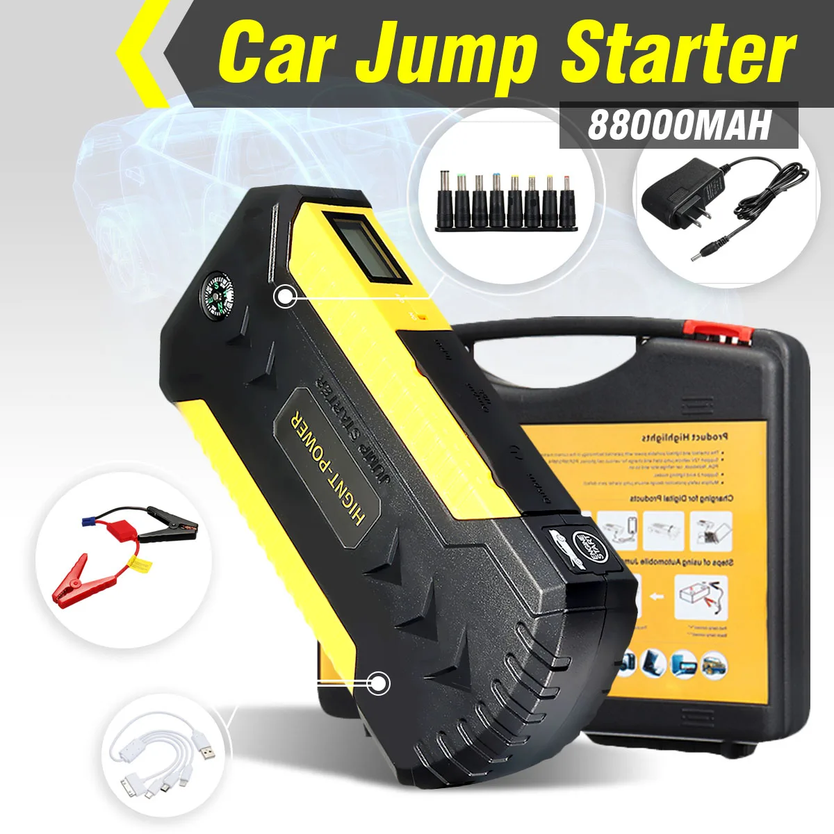 Multifunction Jump Starter 88000mAh 12V 4USB 600A Portable Car Battery Emergency Charger Power Bank Booster Starting Device