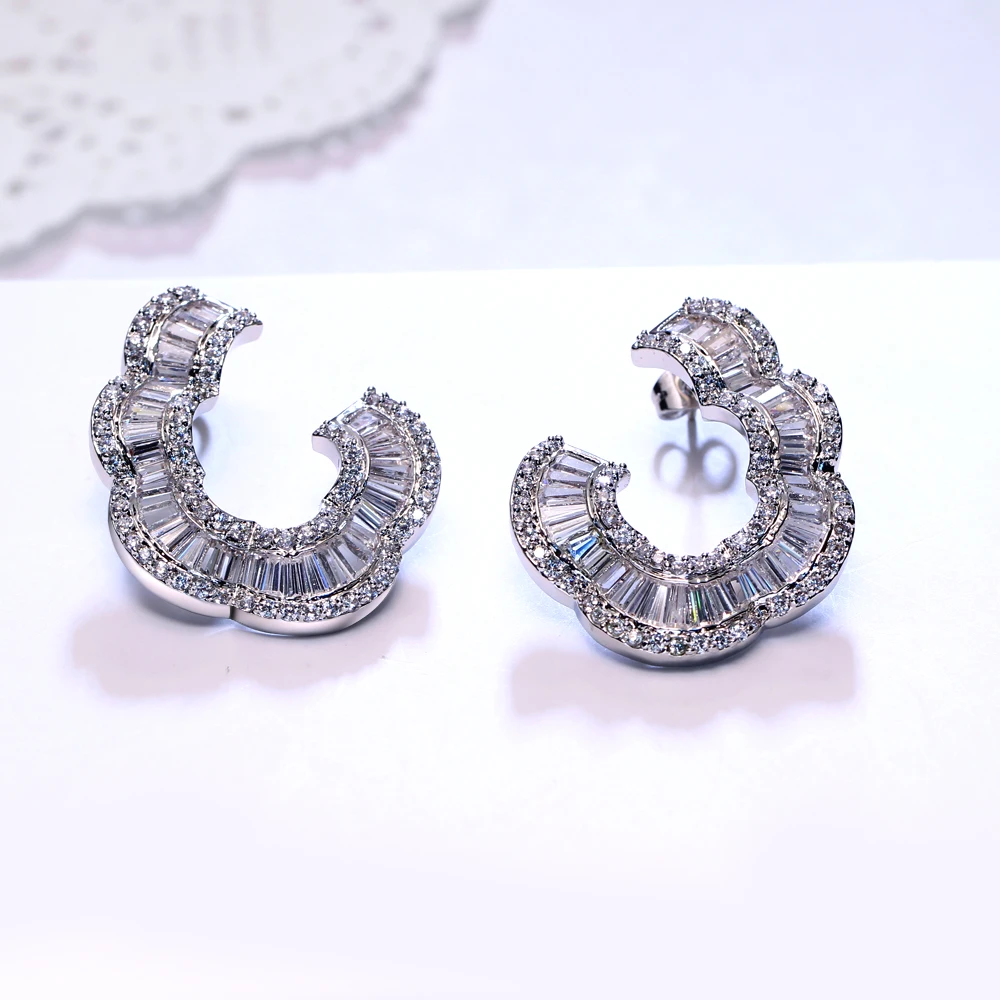 Luxury Curve Shape Jewelry Big Stud Earrings Trendy White/Gold-Color Shiny CZ Crystal Large earrings for Women