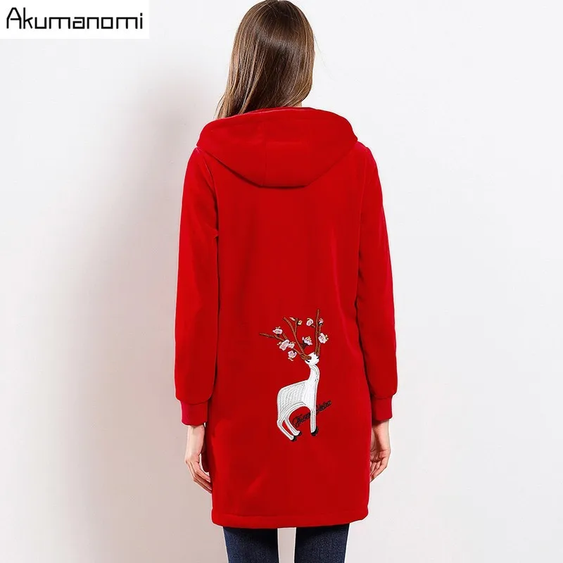 

Women's Velvet Coats Windbreaker Plus Size Female Trench Red Hooded Full Sleeve Pocket Sika Deer Embroidery Long Trench 5XL-M
