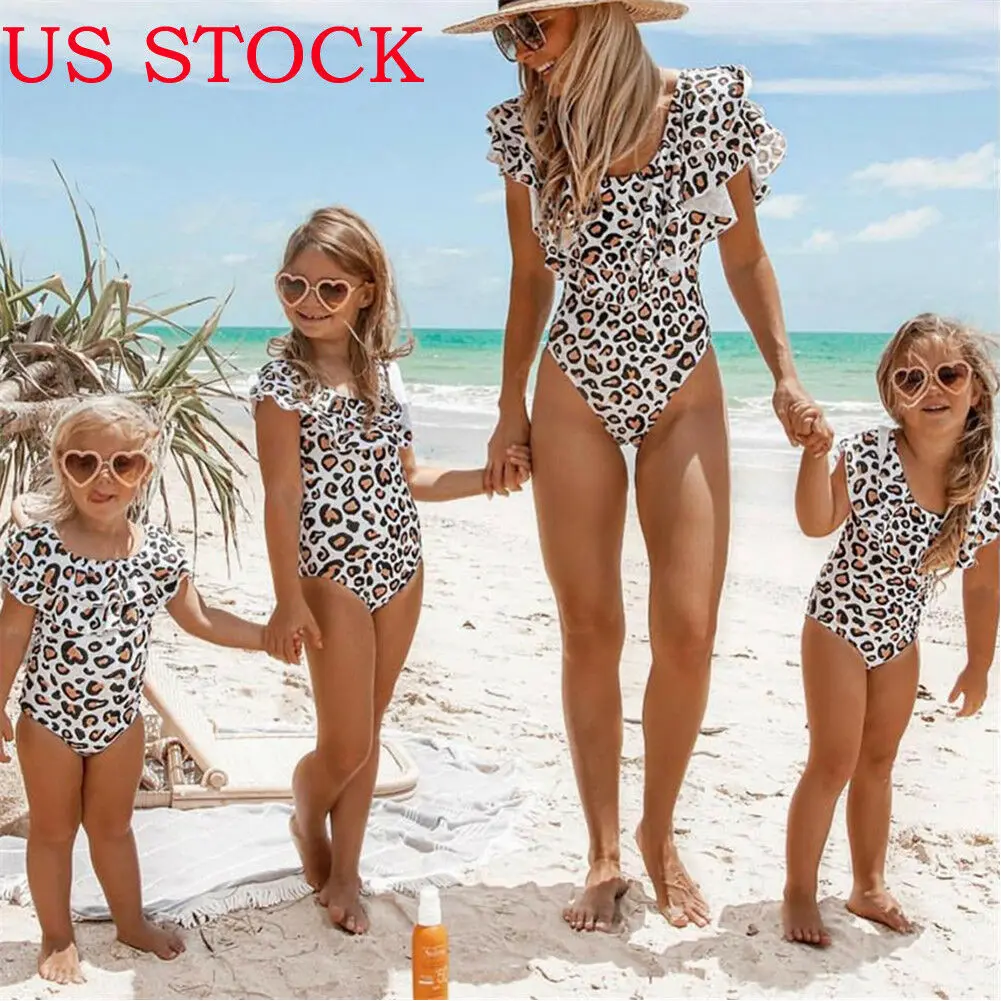 

2019 Family Matching Swimsuit Mother Daughter Women Girls Leopard Printed O Neck Ruffles Summer Bodysuit Bathing Suit Swimwear