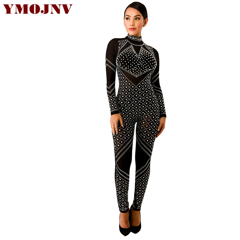 YMOJNV Spring Autumn Diamond Jumpsuit Fashion Diamonds Mesh Gauze See ...