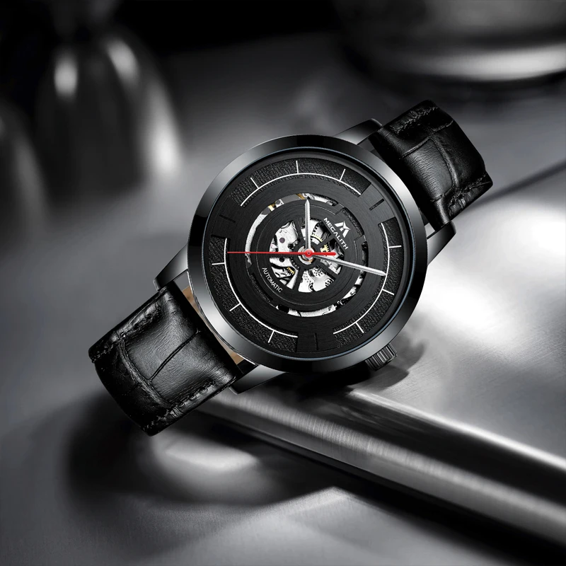 

MEGALITH Automatic Mechanical Watch Men Waterproof Skeleton Business Casual Watch Black Leather Strap Clock Relogio Masculino