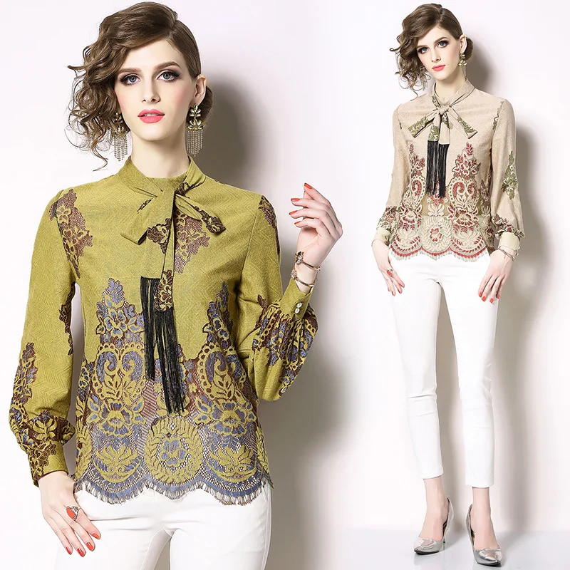 

MUSENDA High-end Positioning Tassel lace Blouses Long Sleeve Office Chiffon Blouse Shirt Casual