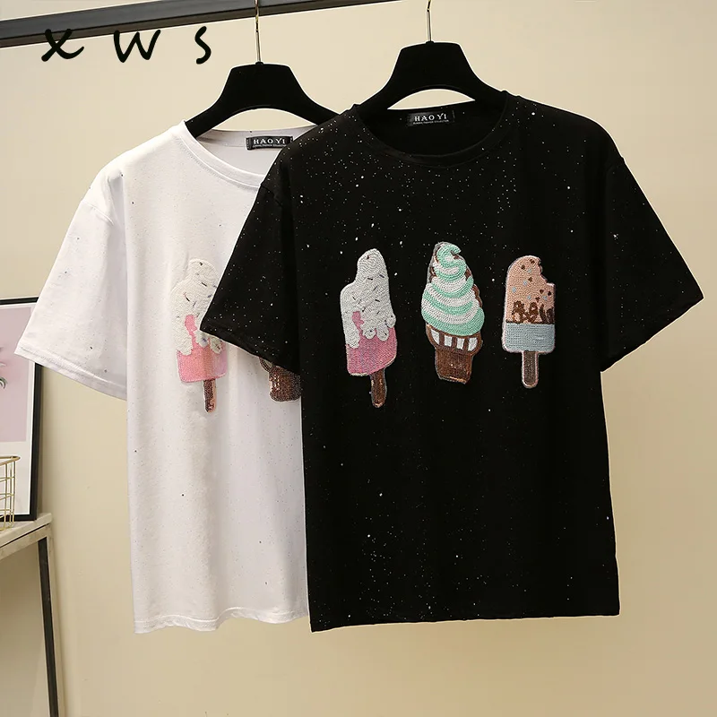 

2019 summer t shirt loose casual oversize cotton t shirt top women Shining Ice cream print short sleeve female t shirt Tees