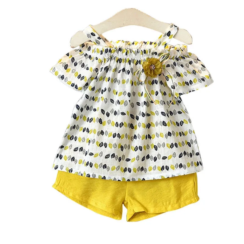 Summer Baby  Girls Set Leaf Print Sling Bare Shoulder  Leaf Short Sleeve + Solid Color Casual Shorts 2 Pcs Kids Clothing