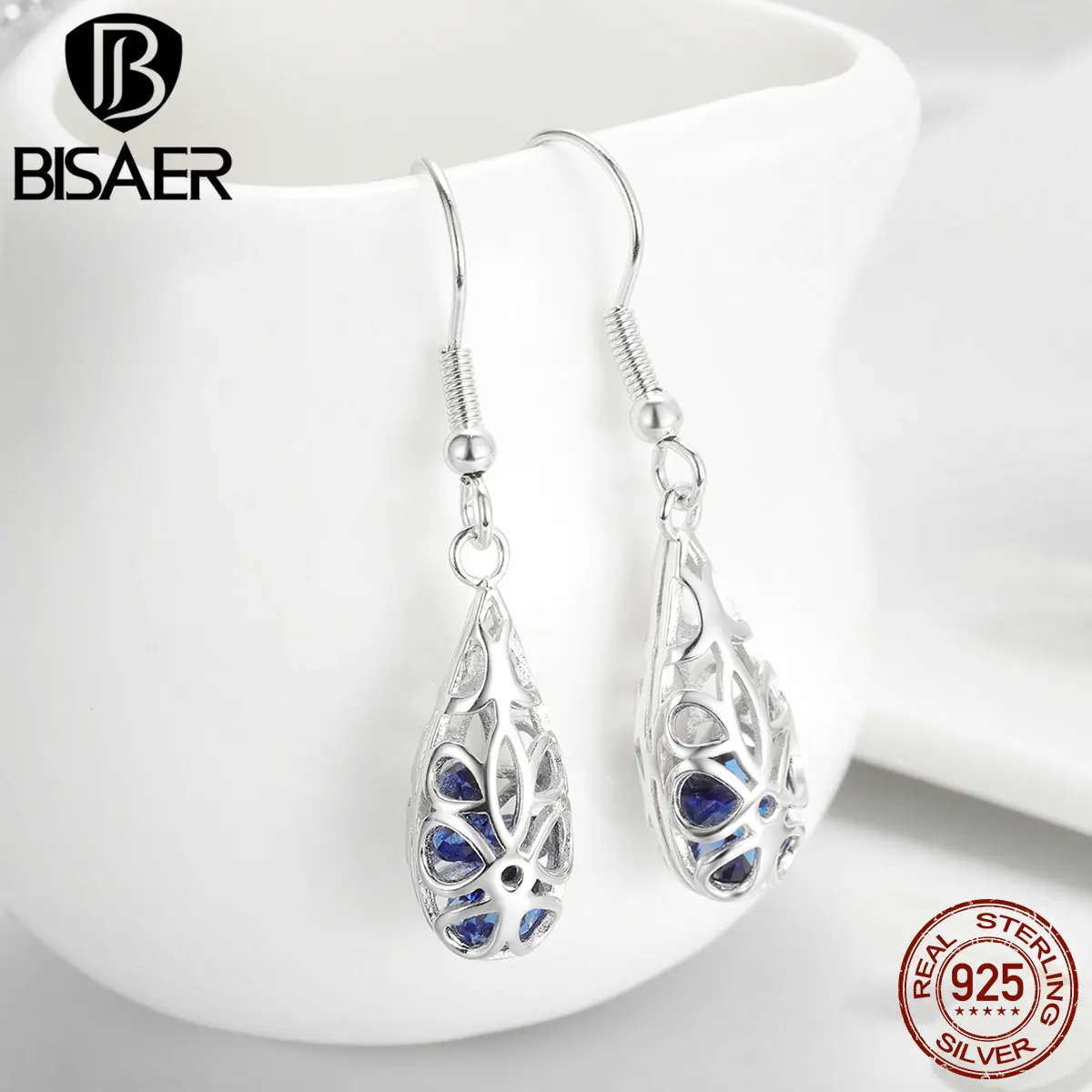 BISAER, подлинные, 925 пробы, серебряные, в форме капли воды, винтажные, капельки, серьги-гвоздики для женщин, голубой CZ, модные серьги, ювелирное изделие ECE466