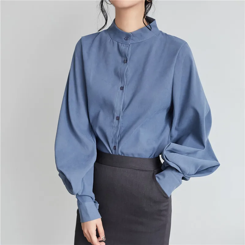 

Solid Chiffon Stand Neck Blouses Shirt Women Long Lantern Sleeve Casual Shirts Tops For Female