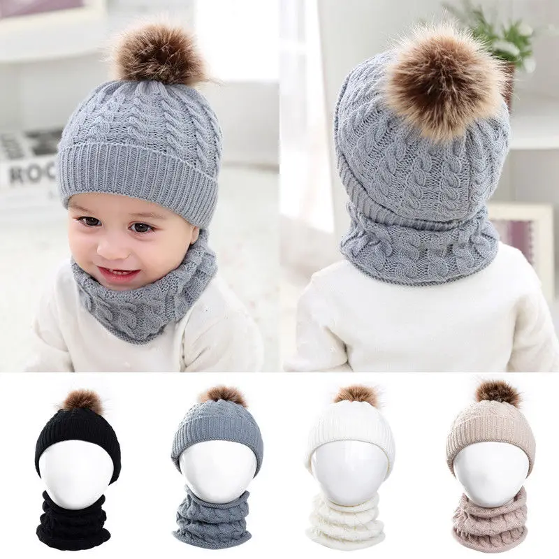 Детская теплая зимняя вязаная шапочка мех помпон вязаная шапка+ шарф