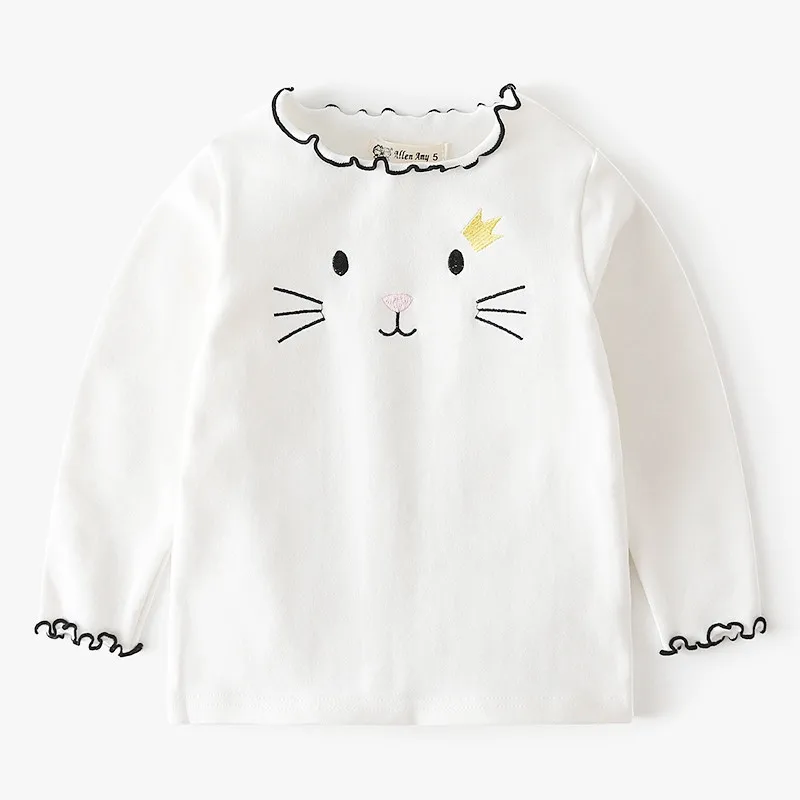 Spring Fall Girls Shirts Cotton Long Sleeve Cartoon Cat Embroidery Children's T-Shirt Girl Kids Baby Toddler Tops And Blouses