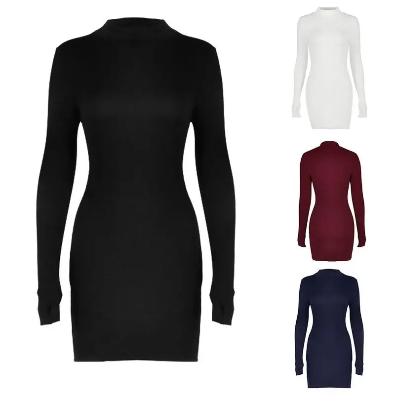 

Long-sleeved High Collar Tight-fitting Dress Gloves Dress Solid Color Slim Turtleneck Base Dress For Autumn And Winter