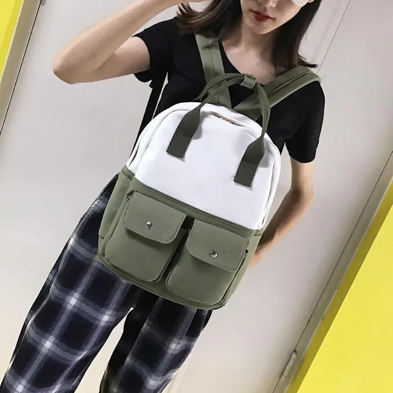 

Stylish Women Canvas Backpacks Square Hit Color Casual Shoulder School Travel Bags Girls Knapsack Multifunction Top-handle Bag
