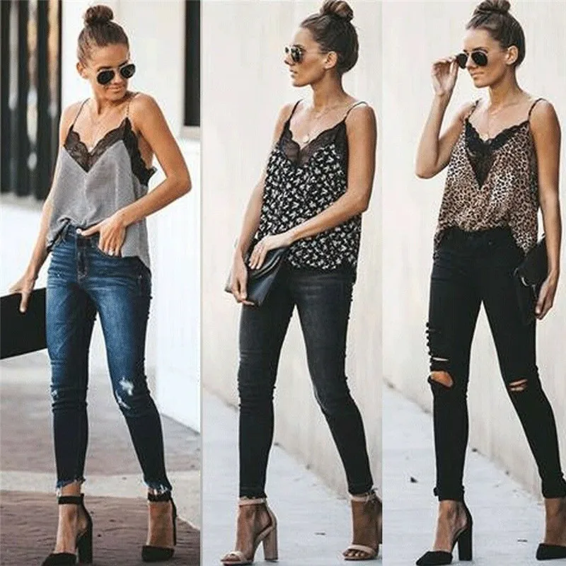 

Womens Lace Sleeveless Leopard Print Vest Summer Plaid Cami Casual Flower Print Tank