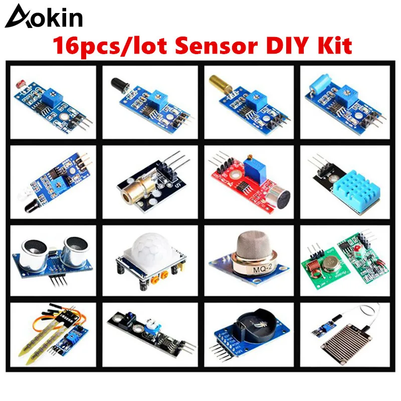 

16pcs/lot Sensor Module Board Set Kit For Arduino starter Diy Kit Raspberry Pi 3/2 Model B 16 Rain Temperature tracing Sensor