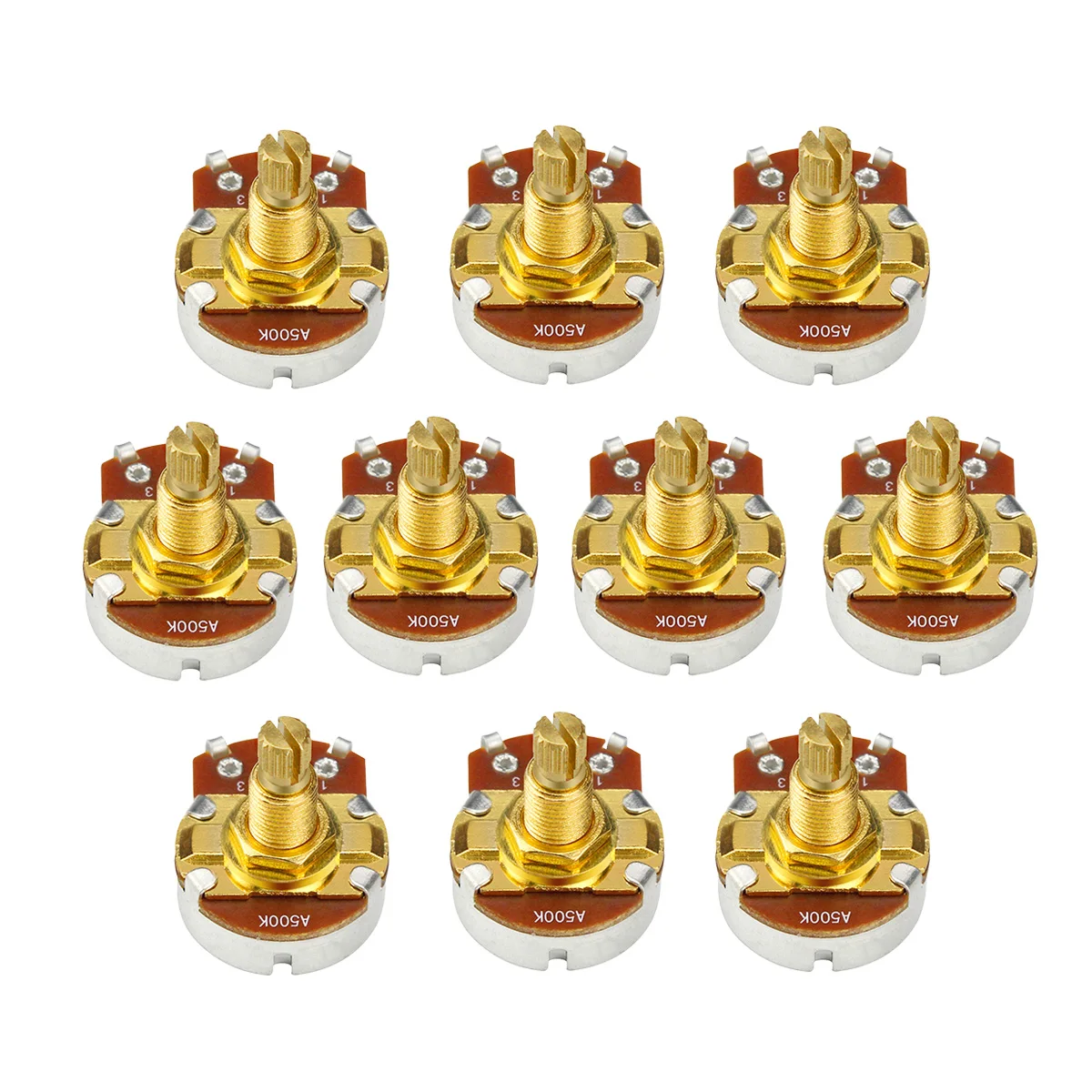 

FLEOR 10pcs Long Split Shaft Guitar Potentiometer Pots A250K /B250K/ A500K /B500K Potentiometers Choose for Bass Guitar Parts