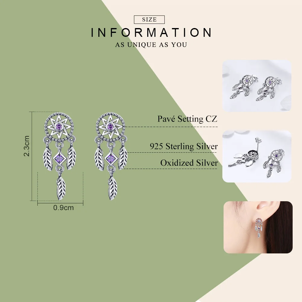 BAMOER 925 Sterling Silver Vintage Dream Catcher Drop Earrings for Women Purple Cubic Zircon Sterling Silver Jewelry SCE502