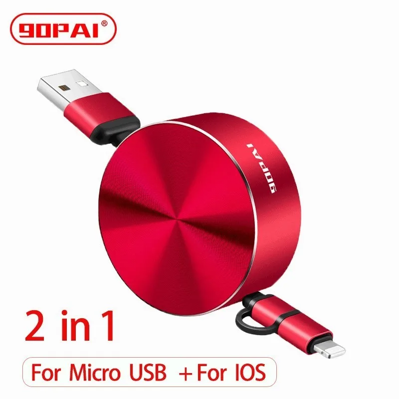 

90 PAI 2 in 1 Retractable Charger Micro USB Cable for iphone for Xiaomi HTC Nokia Samsung USB Port Data Transfer 1m Hot Sale