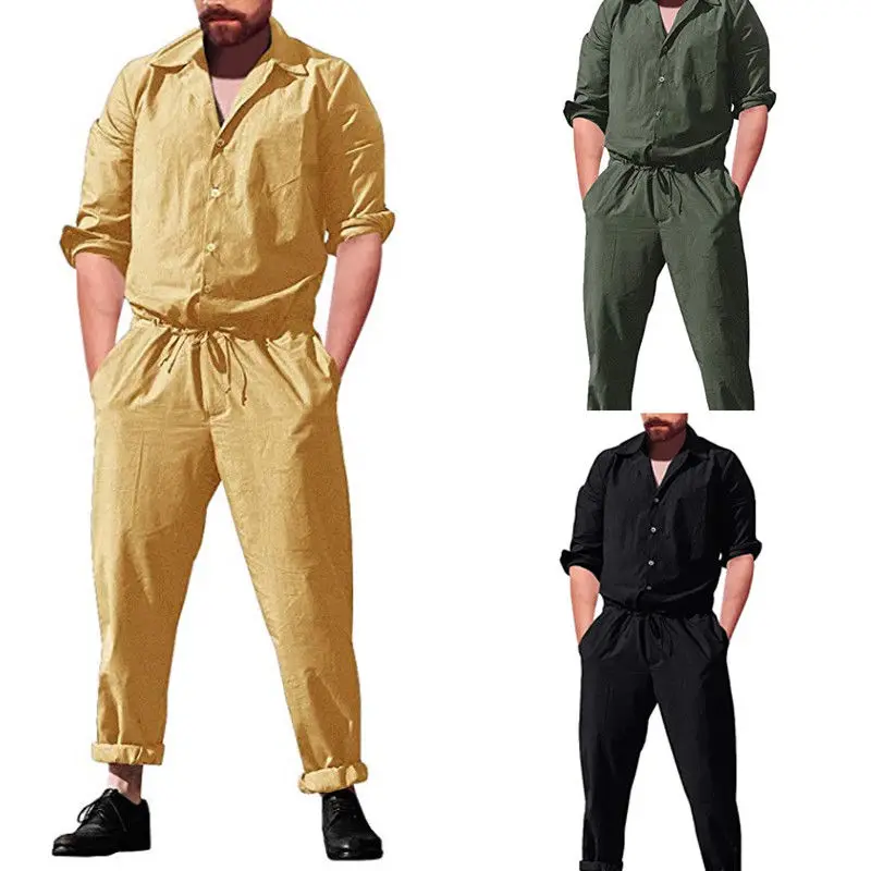

arrival Autumn Cotton Rompers Mens Single Breasted Jumpsuit Cargo Wide Long Sleeve Pockets Overalls New One piece Suits Romper