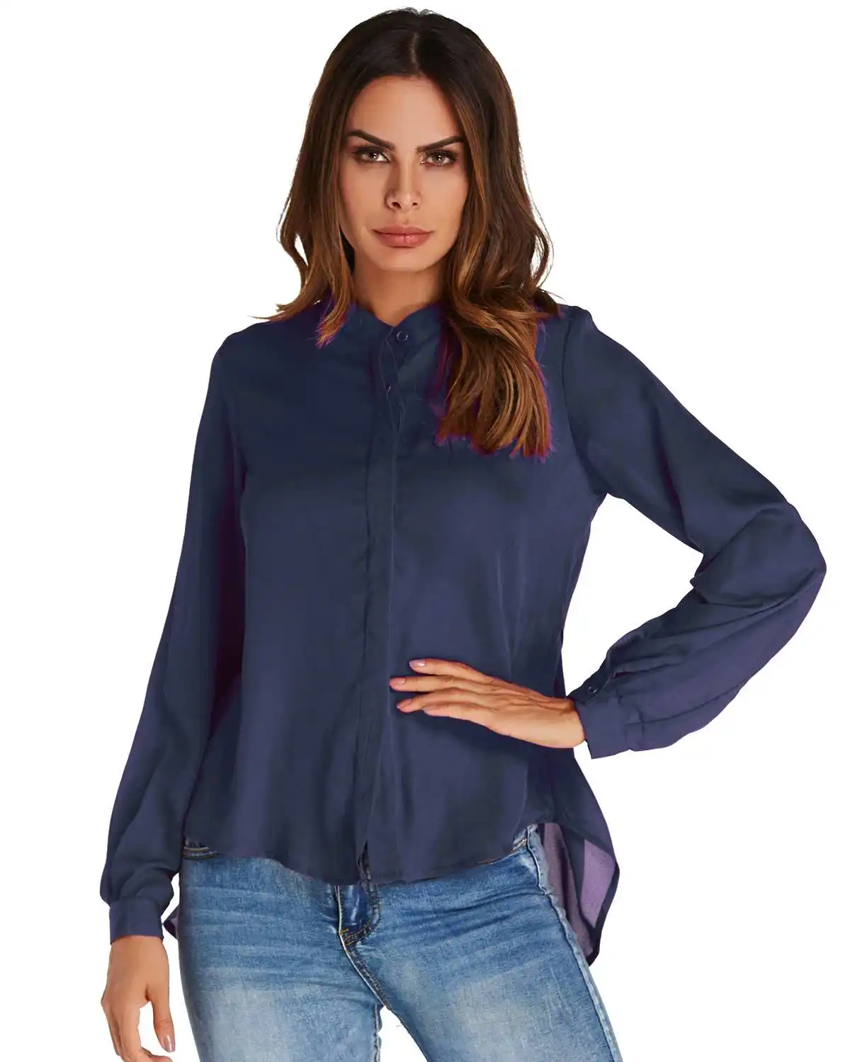 Plus Size Casual Loose Blouse Shirts Women 2019 ZANZEA Spring Autumn Solid Sexy Stand Collar Long Sleeve Irregular Tops Shirts